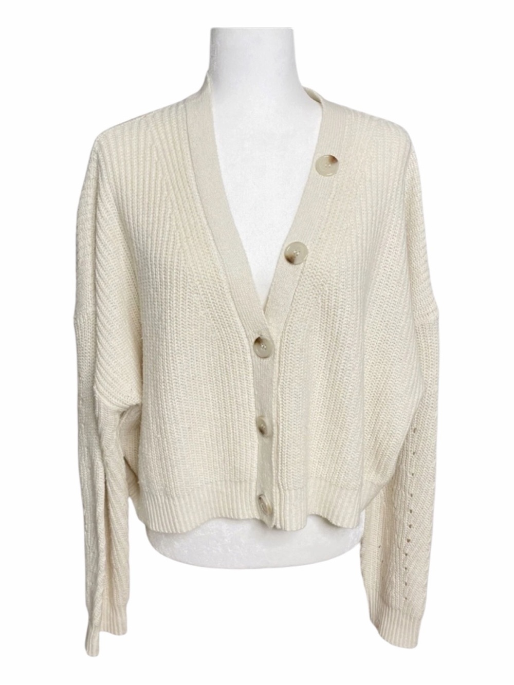 Line & Dot Scarlett Cropped Cardigan Sweater Cream Ivory Rib Knit XL NWT